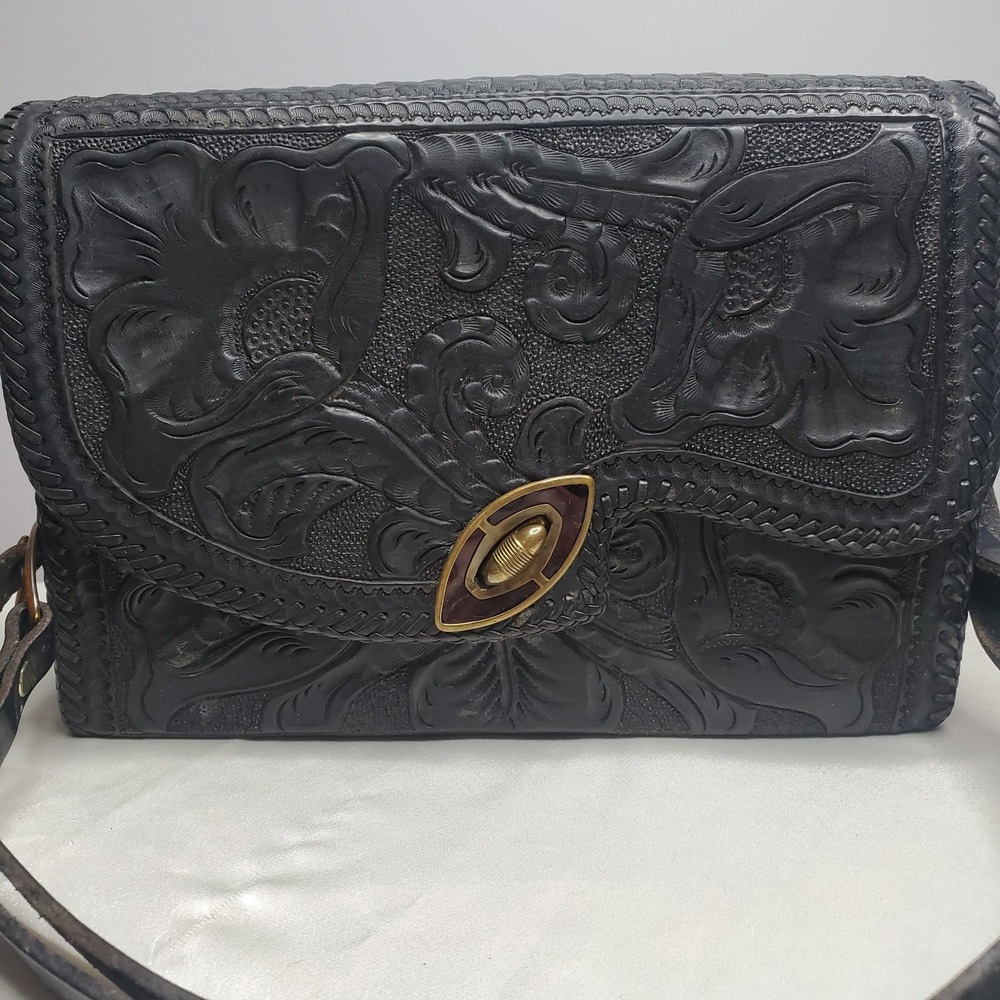 Hand Tooled Black Leather Purse 50's 60's Vintage Cowgirl Western Floral Print - Picture 2 of 9